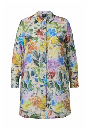 Bloemmotief shirt met levendige kleuren zoals geel, paars, blauw en groen. Lange mouwen, kraagontwerp en lichte stof.