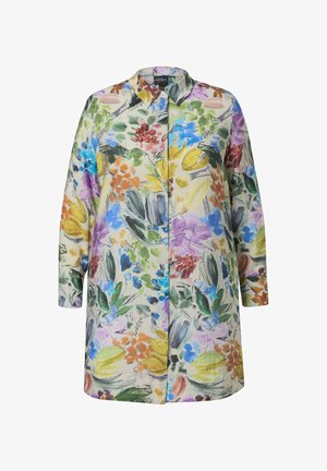 Košile s květinovým vzorem v živých barvách jako je žlutá, fialová, modrá a zelená. Dlouhé rukávy, límečkový design a lehký materiál.