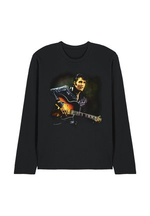 Black long-sleeve shirt featuring a man playing a sunburst electric guitar, wearing a dark leather jacket against a dark background.