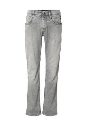 Lichtgrijze spijkerbroek met subtiele versleten details, knoopsluiting aan de voorkant en vijf zakken, rechte pijpen.