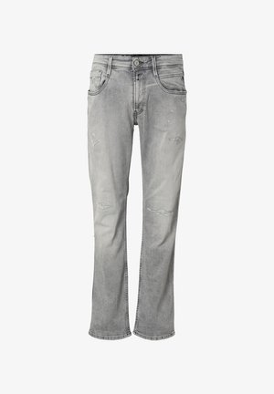 Lichtgrijze spijkerbroek met subtiele versleten details, knoopsluiting aan de voorkant en vijf zakken, rechte pijpen.