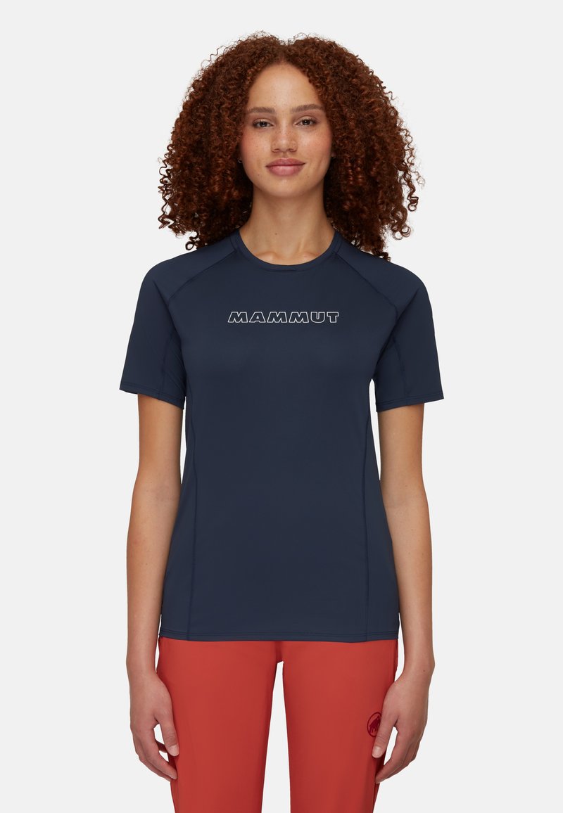 Marineblaues Kurzarmhemd aus elastischem Material mit rundem Ausschnitt, mit dem "MAMMUT"-Logo in Weiß über der Brust.