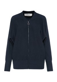 Navy knit bomber jacket with a rounded collar, full zipper, and ribbed cuffs and hem. Features a subtle texture and minimalistic design.