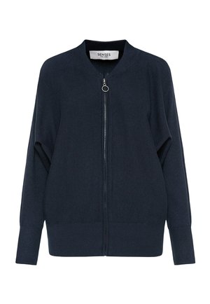 Navy knit bomber jacket with a rounded collar, full zipper, and ribbed cuffs and hem. Features a subtle texture and minimalistic design.