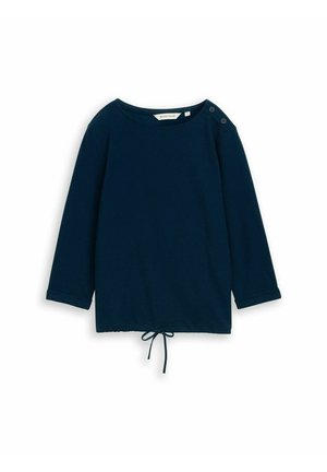 T-shirt à manches longues bleu marine avec un col rond, des accents de boutons sur l'épaule et un ourlet à cordon de serrage pour un ajustement réglable. Texture en coton.