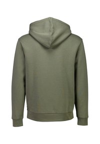 Felpa verde oliva con una texture morbida, caratterizzata da un cappuccio con coulisse, maniche lunghe e orlo a coste in vita e ai polsini.