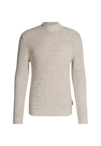 Beżowy sweter z długim rękawem o teksturowanym wzorze, z wysokim dekoltem i małą metką logo na dolnej stronie. Klasyczny krój i elastyczne mankiety.