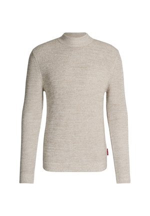 Pull beige à manches longues avec un motif de tricot texturé, col haut et une petite étiquette logo sur le côté inférieur. Coupe classique et poignets élastiques.