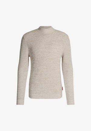 Beige Pullover mit langen Ärmeln und einem strukturierten Strickmuster, hohem Kragen und einem kleinen Logotag an der Unterseite. Klassische Passform und elastische Bündchen.