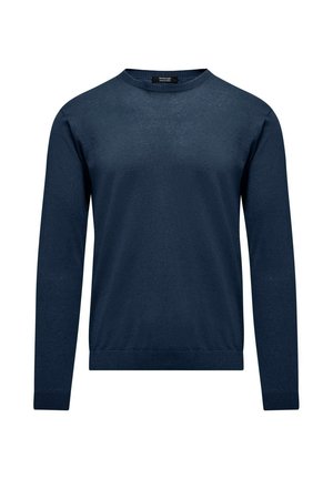 Maglione blu navy con scollo rotondo, maniche lunghe e polsini e orlo a coste. Realizzato in un morbido tessuto con una texture liscia.