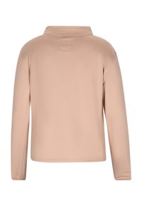 Lichtbeige langarmpullover met een kraag en een gladde stof. Heeft een gestikte zoom en een etiketdetail aan de achterkant.