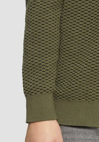Olivgrüner strukturierter Pullover mit einem gewebten Muster aus kleinen schwarzen Punkten, gerippten Bündchen und einem glatten Saum. Hergestellt aus einer weichen Stoffmischung.