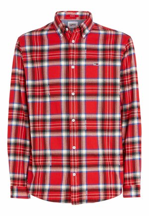 Camicia a quadri rossa, bianca, nera e blu a maniche lunghe con bottoni, colletto con bottoni e piccolo logo sul petto.