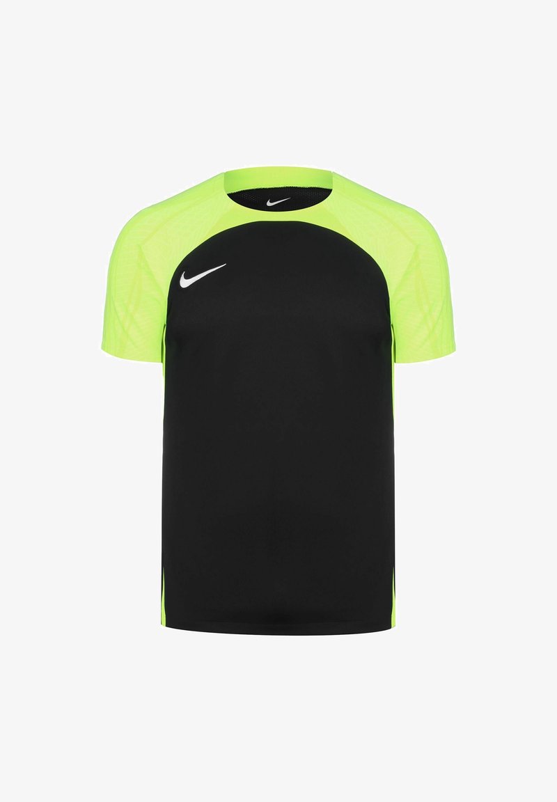 Camisa atlética de manga corta negra y amarilla neón con logotipos de swoosh blancos de Nike en el pecho y el cuello.