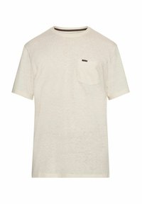 T-shirt a maniche corte di colore crema realizzato in tessuto leggero, con taschino sul petto e un sottile motivo testurizzato.