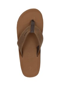 Tongs en cuir marron avec un semelle texturée, une sangle couleur marron foncé et un logo de marque. Design à bout ouvert avec une semelle plate pour plus de confort.