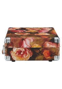 Custodia con stampa floreale che presenta rose rosa e arancioni su uno sfondo marrone, con angoli in metallo argentato e piedi in gomma nera.