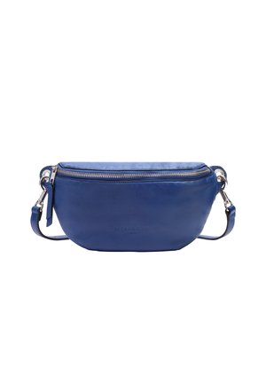 Blaues Leder-Crossbody-Tasche mit abgerundetem Design, Reißverschluss oben und verstellbarem Tragegurt. Mit dezentem Markenlogo auf der Vorderseite.