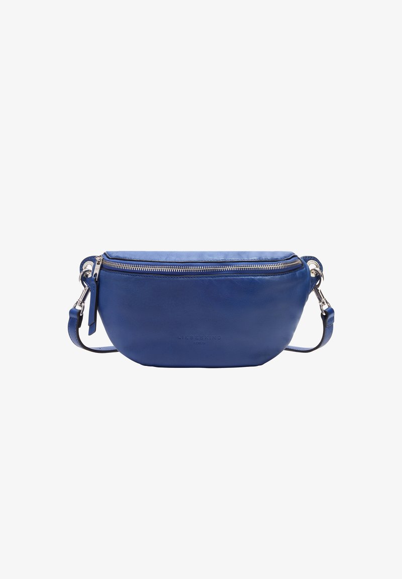 Blaues Leder-Crossbody-Tasche mit abgerundetem Design, Reißverschluss oben und verstellbarem Tragegurt. Mit dezentem Markenlogo auf der Vorderseite.
