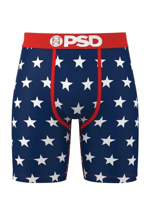 Boxer-briefs pour hommes en bleu marine avec un motif d'étoiles blanches. Caractéristiques : une ceinture rouge et des coutures rouges contrastées. Fabriqué à partir de matériaux respirants.
