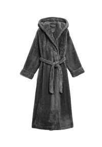 Grå plyschbadrock med huva, långa ärmar och bälte. Har en mjuk textur och design med slagkrage, perfekt för värme och komfort.
