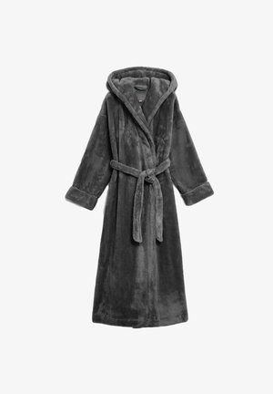 Grå plyschbadrock med huva, långa ärmar och bälte. Har en mjuk textur och design med slagkrage, perfekt för värme och komfort.