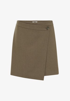 Brązowa spódnica wrap wykonana z teksturowanej tkaniny, z pojedynczym zapięciem na guzik i asymetrycznym dołem. Prosty i dopasowany design.