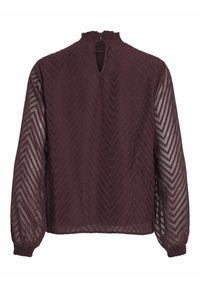 Blusa a maniche lunghe color bordeaux con un motivo a chevron testurizzato, scollatura arricciata e aperture a chiave sul retro. Maniche trasparenti con polsini elasticizzati.