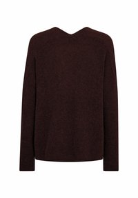 Donkerbruine, langmouwsweater met een V-halsontwerp; gemaakt van zacht, gestructureerd materiaal; heeft een losse pasvorm en minimale details.