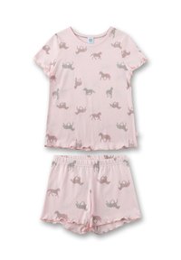 Light pink short-sleeve pajama set featuring playful horse patterns in gray and darker pink. Soft, lightweight fabric with an elastic waistband.