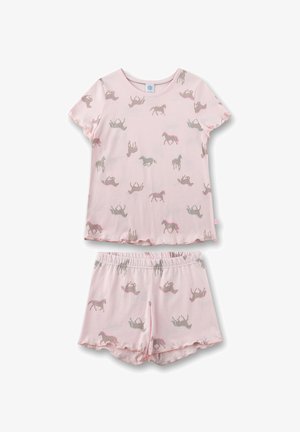 Light pink short-sleeve pajama set featuring playful horse patterns in gray and darker pink. Soft, lightweight fabric with an elastic waistband.