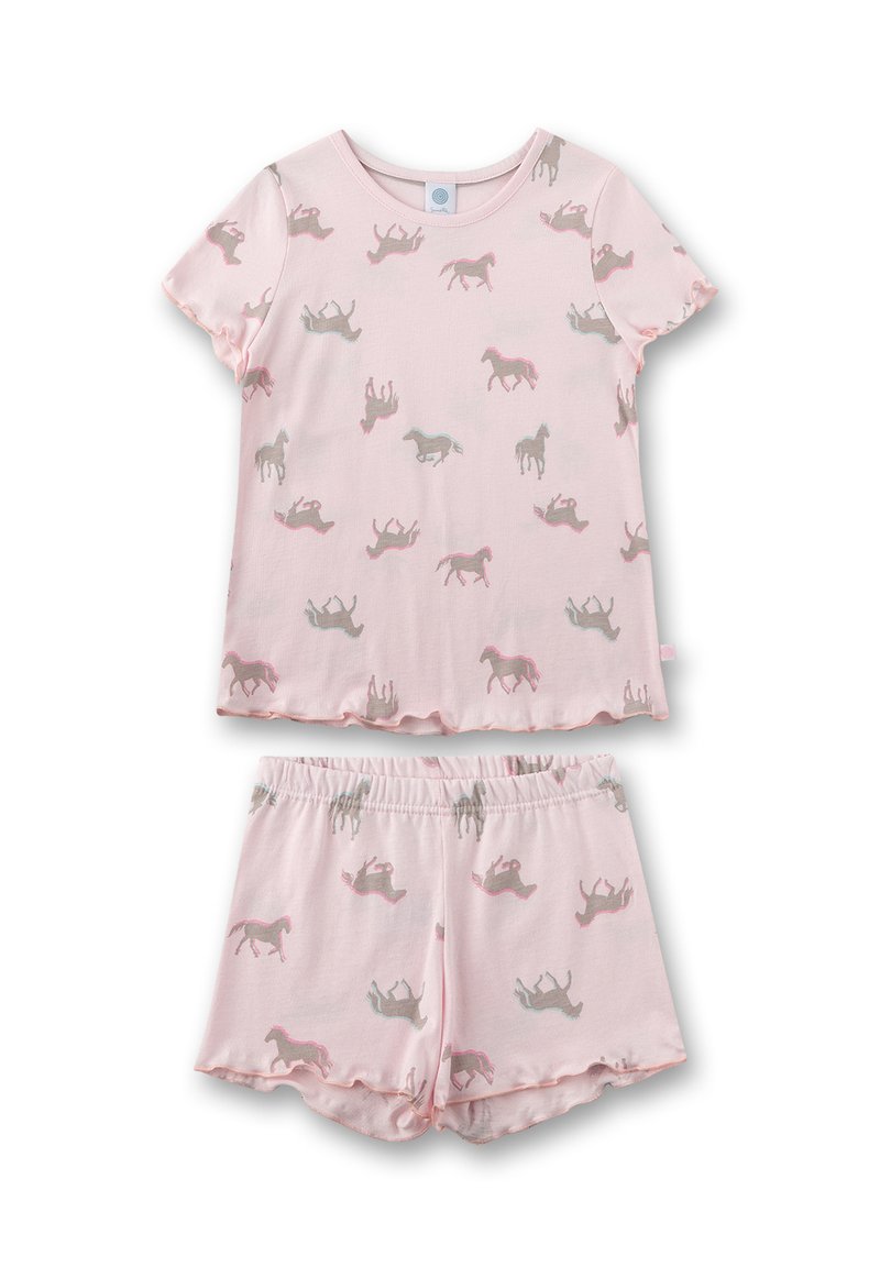 Light pink short-sleeve pajama set featuring playful horse patterns in gray and darker pink. Soft, lightweight fabric with an elastic waistband.