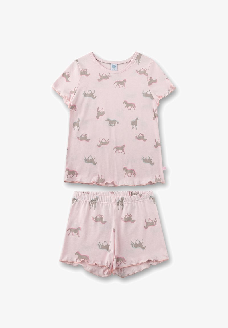 Light pink short-sleeve pajama set featuring playful horse patterns in gray and darker pink. Soft, lightweight fabric with an elastic waistband.