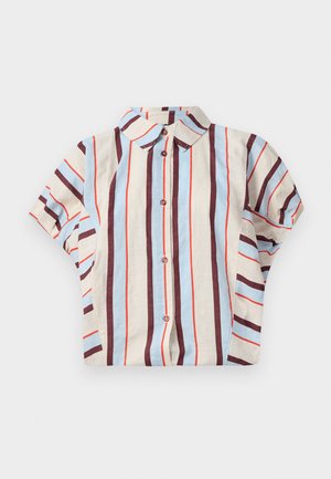 Camicia a maniche corte con colletto, caratterizzata da righe verticali in beige, blu e bordeaux. Include chiusura con bottoni sul davanti. Tessuto in misto cotone.