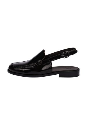 Black patent leather slingback loafer with buckle strap, low heel, and moc toe stitching on a flat sole.