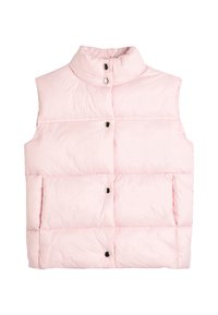 Rosa Puffer-Weste mit hohem Kragen, Druckknopfverschluss und zwei Fronttaschen. Verfügt über ein gestepptes Design mit einer glatten, glänzenden Textur.