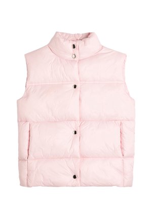 Różowa kamizelka puchowa z wysokim kołnierzem, zapięciem na zatrzaski i dwiema przednimi kieszeniami. Posiada pikowany wzór o gładkiej, błyszczącej teksturze.