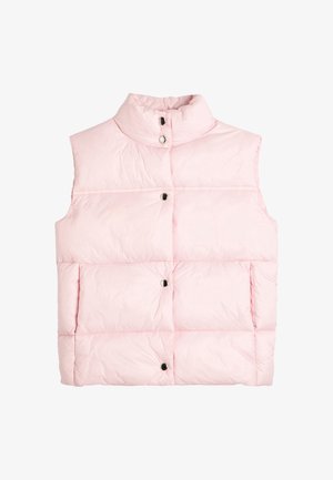 Lyserød puffervest med høj krave, knaplukning og to forlommer. Har en quiltet design med en glat, blank overflade.