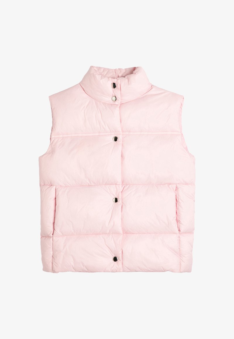 Rosa Puffer-Weste mit hohem Kragen, Druckknopfverschluss und zwei Fronttaschen. Verfügt über ein gestepptes Design mit einer glatten, glänzenden Textur.