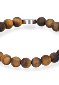 Bransoletka z koralików wykonana z wypolerowanych brązowych i czarnych kamieni tygrysiego oka, z metalowym magnetycznym zapięciem, gładką fakturą i okrągłym kształtem.