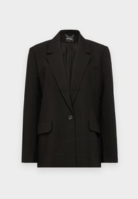 Črn blazer z enim gumbom, z izrezanimi reverji, dvema sprednjima žepoma in vezenim detajlom "EXTEND." na spodnji strani. Gladko blago.