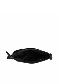 Borsa a mano in pelle nera con chiusura a zip, caratterizzata da un interno liscio e un design semplice, senza motivi visibili o dettagli hardware.