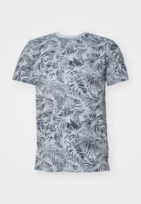 Short-sleeve t-shirt made of light blue fabric featuring a navy leaf pattern, round neckline, and standard fit.