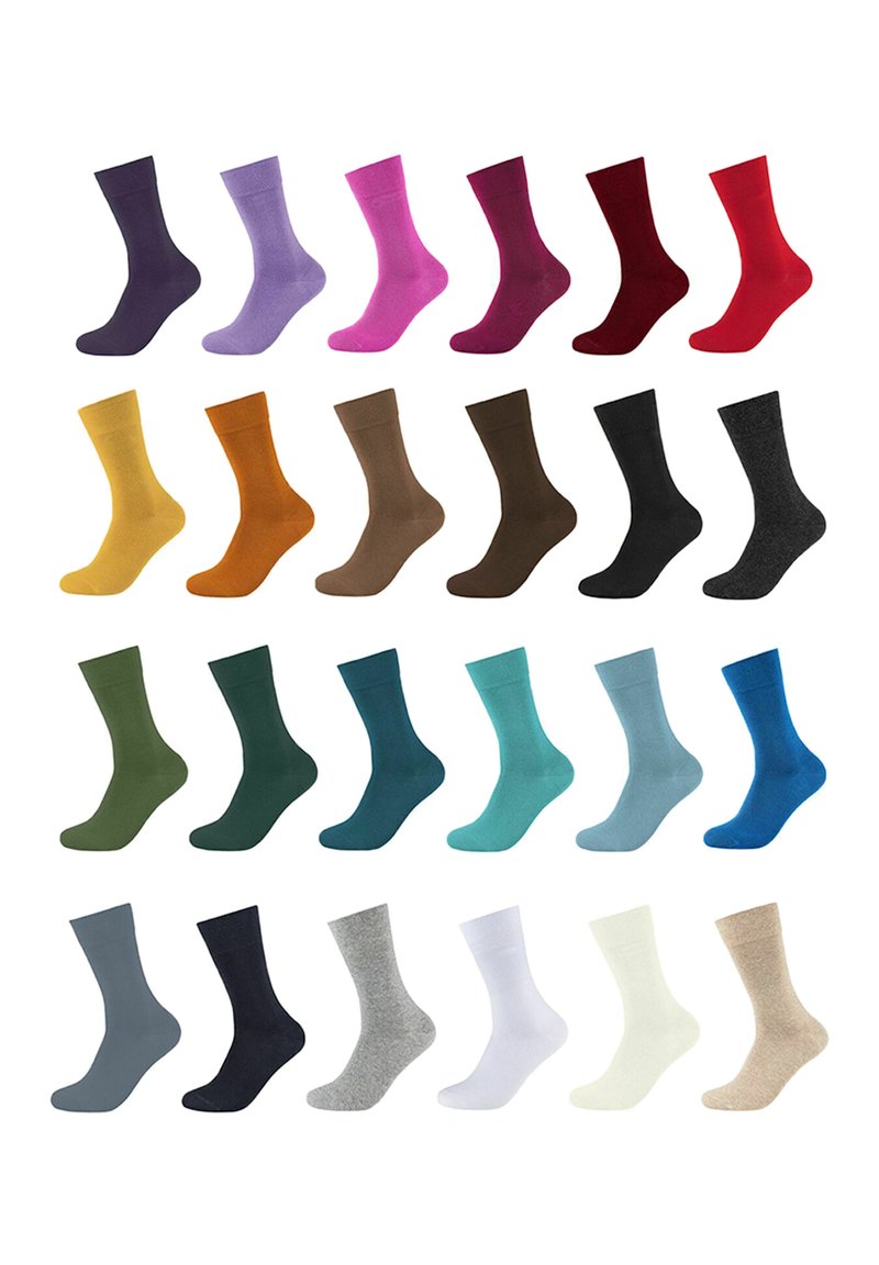 Vielfalt an Socken in verschiedenen Farben, darunter lila, rosa, rot, grün, blau, grau und beige. Verschiedene einfarbige Designs mit einem gerippten Bündchen.