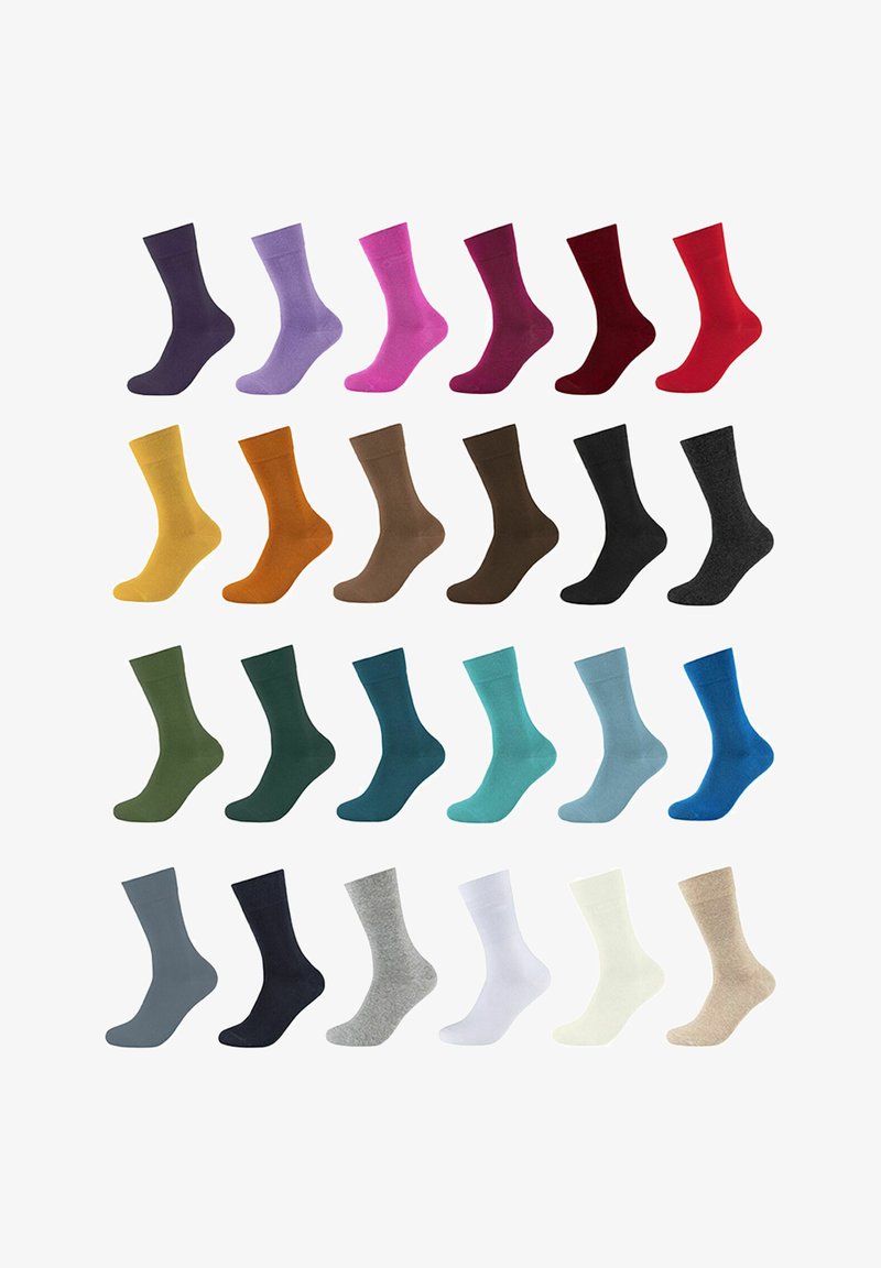 Varietà di calze in vari colori, tra cui viola, rosa, rosso, verde, blu, grigio e beige. Diverse fantasie a tinta unita con bordo a coste.