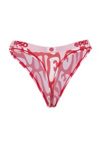 Sous-vêtements bikini pour femmes rose et rouge avec motif de texte abstrait sur le thème de l’amour et logo PSD sur la ceinture.