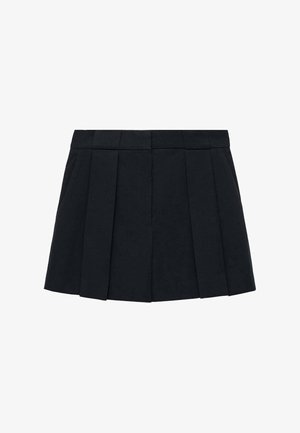 Gonna nera a pieghe realizzata in un tessuto con una texture liscia. Presenta un cinturino strutturato e multiple pieghe verticali per definizione.
