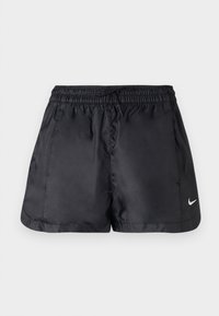 Black athletic shorts made of lightweight, smooth fabric. Features an elastic waistband, drawstring, and small white logo on the lower right.