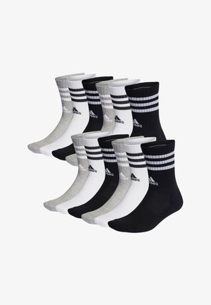 Sockenpack in Schwarz, Weiß und Grau, mit geripptem Design, Knöchelhöhe und drei Streifen am oberen Rand; mit Logo versehen.