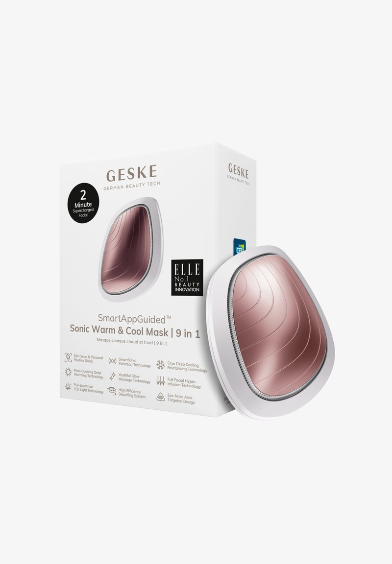 Sonic warme en koele gezichtsmasker met een glad, gebogen ontwerp in roségoud en wit; verpakking bevat tekst en logo's.